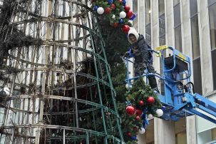 Giant Christmas tree outside Fox News headquarters set on fire
