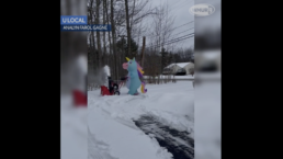 Video: New Hampshire mother has fun while clearing snow in unicorn suit