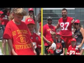 Travis Kelce Meets Young Cancer Survivor and Sister Wearing ‘Go Taylor’s Boyfriend’ Tee