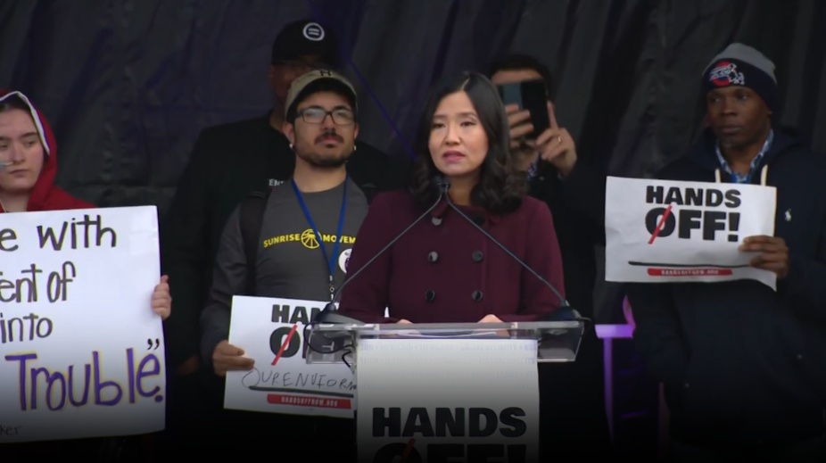 Mayor Michelle Wu speaks at Hands Off! rally in Boston