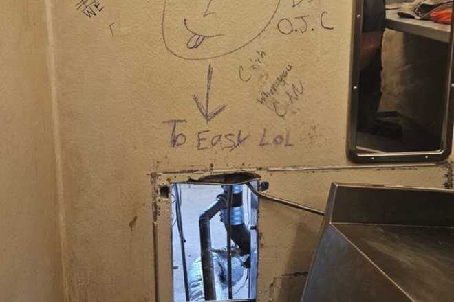 This photo obtained by The Associated Press on Friday, May 16, 2025, shows an opening inside a cell at the Orleans Justice Center in New Orleans.