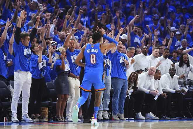 Oklahoma City Thunder forward Jalen Williams (8) reacts after making a 3-pointer during the second half of Game 7 of the NBA Finals basketball series against the Indiana Pacers Sunday, June 22, 2025.