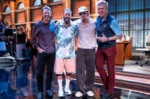 LATE NIGHT WITH SETH MEYERS -- Episode 1677 -- Pictured: (l-r) Host Seth Meyers with comedian/actor Adam Sandler, rapper Bad Bunny, and actor Christopher McDonald during a commercial break on July 22, 2025 -- (Photo by: Lloyd Bishop/NBC)
