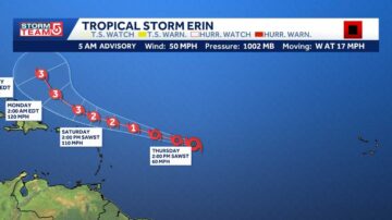 Afternoon storms possible in parts of Mass.; Tropical storm Erin churns