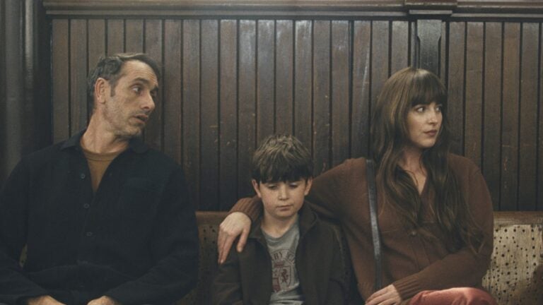 New to streaming in February 2026: Michael Angelo Covino, Simon Webster, and Dakota Johnson in "Splitsville."