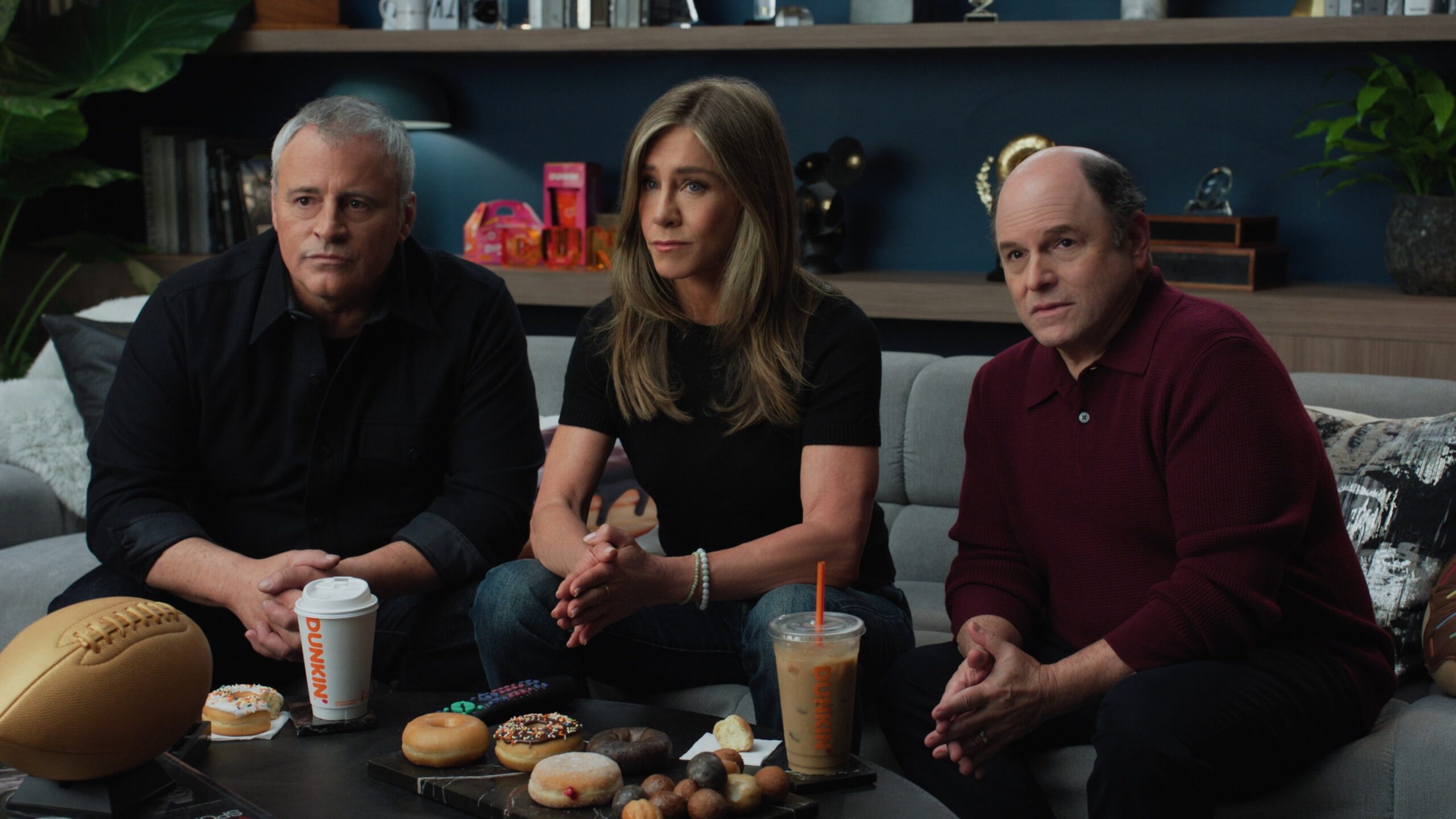Matt LeBlanc, Jennifer Aniston, and Jason Alexander star in the 2026 Dunkin' Super Bowl commercial teaser.