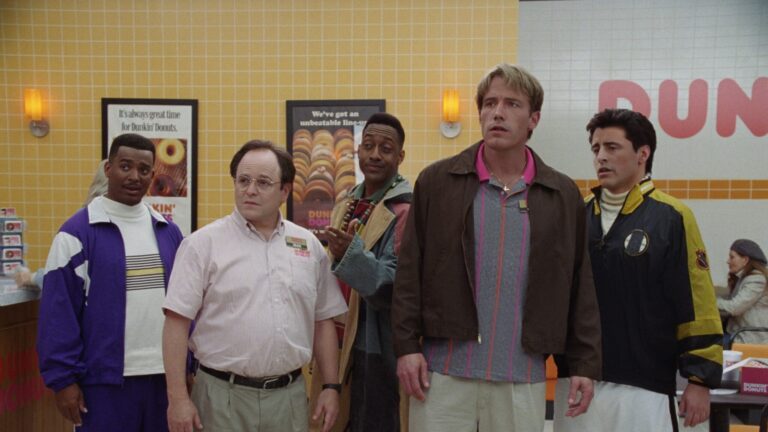 Alfonso Ribeiro, Jason Alexander, Jaleel White, Ben Affleck, and Matt LeBlanc in Dunkin's 2026 Super Bowl commercial.