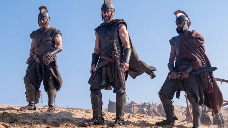 L to R: Jimmy Gonzales as Cepheus, Matt Damon as Odysseus and Himesh Patel as Eurylochus in a scene from "The Odyssey."
