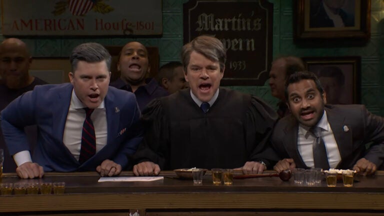 SNL recap: Colin Jost, Matt Damon, and Aziz Ansari on the May 9, 2026 episode of "Saturday Night Live."