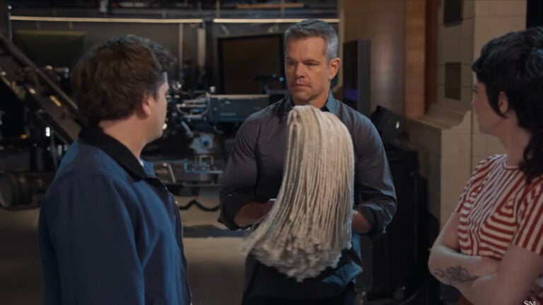 Jeremy Culhane, Matt Damon, and Sarah Sherman in a promo for the May 9, 2026 episode of "Saturday Night Live."
