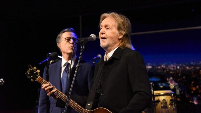 Paul McCartney, right, with host Stephen Colbert during the final episode of "The Late Show with Stephen Colbert" in New York on Thursday, May 21, 2026.