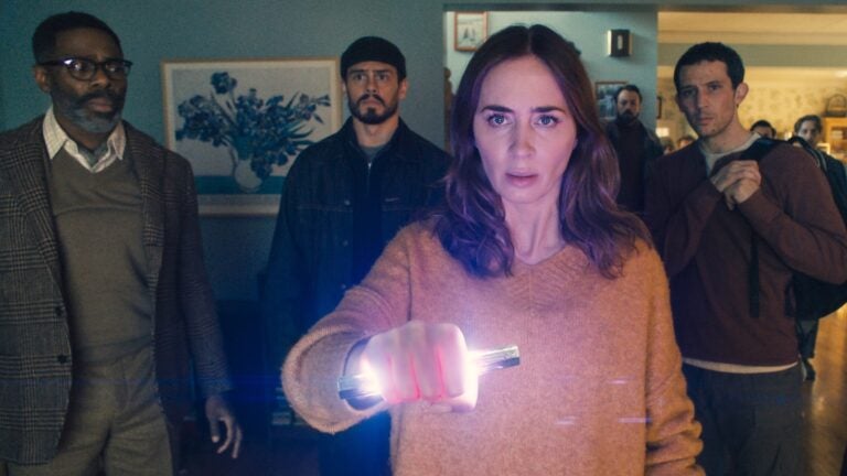 Colman Domingo, from left, Tommy Martinez, Emily Blunt and Josh O'Connor in a scene from "Disclosure Day."