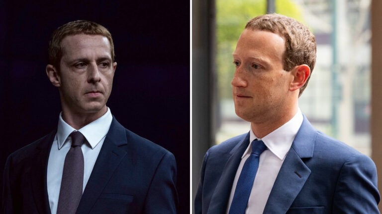 Actor Jeremy Strong (L) as Facebook founder Mark Zuckerberg (R) in the first trailer for Aaron Sorkin's movie "The Social Reckoning."