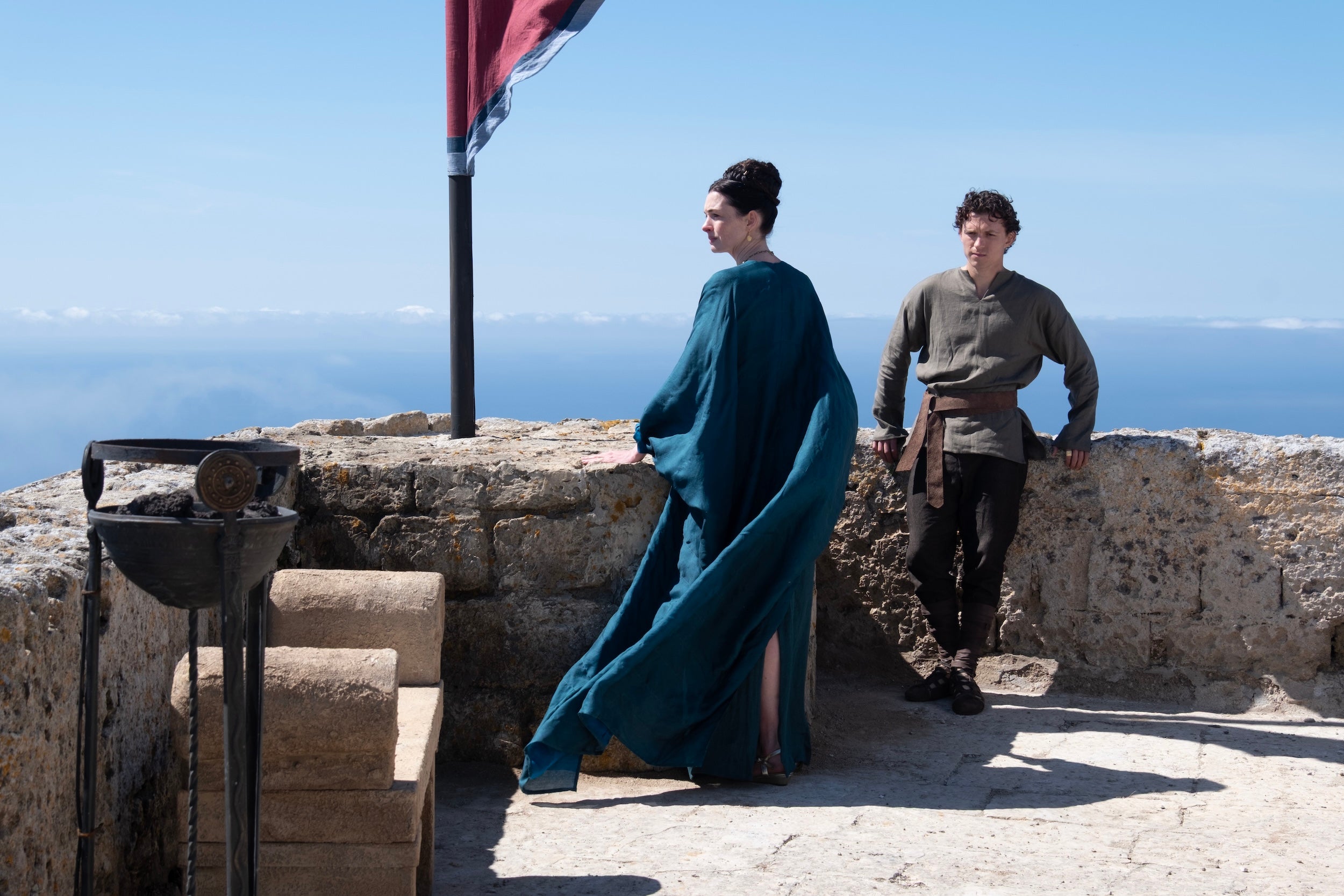 Anne Hathaway is Penelope and Tom Holland is Telemachus in "The Odyssey," written, produced, and directed by Christopher Nolan.